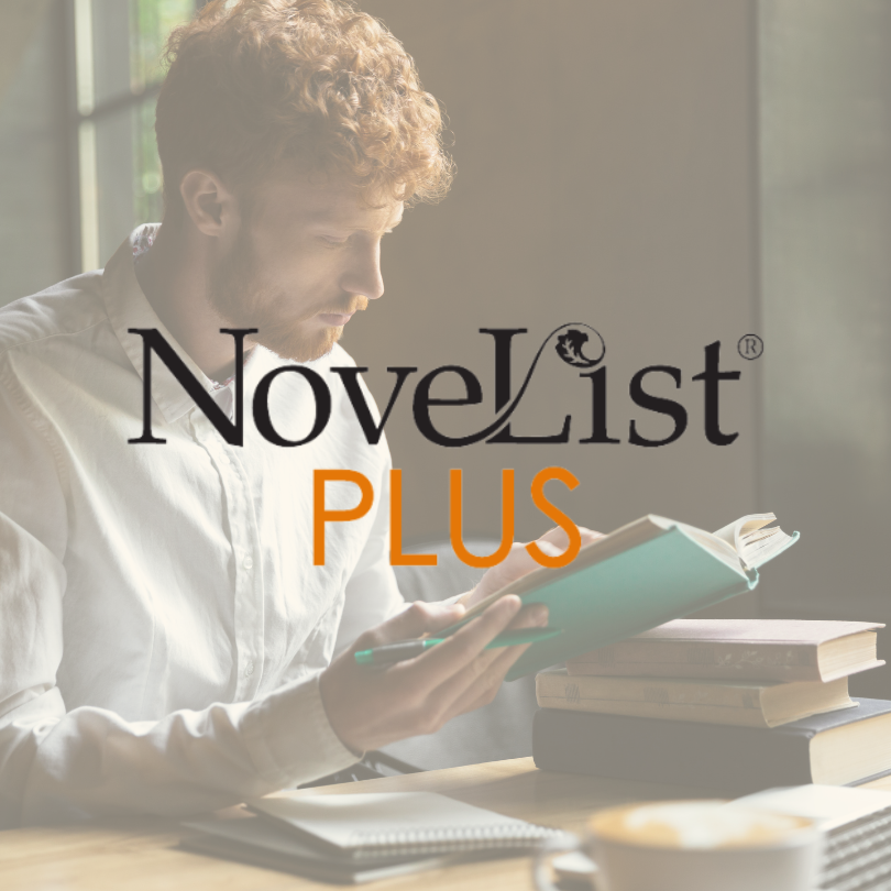 man with red hair reads a book with the words "NoveList Plus" written over the image