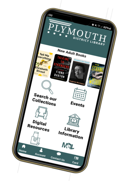 Image of smartphone with a photo of the new Plymouth District Library App