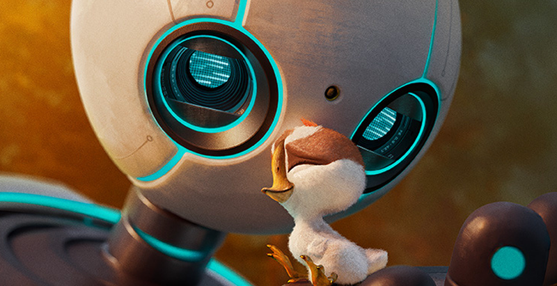 Image from the movie, Wild Robot - a close up of the robot holding a bird. 