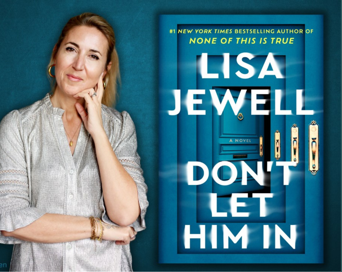 Image of author Lisa Jewell next to her book cover, Don't Let Him in