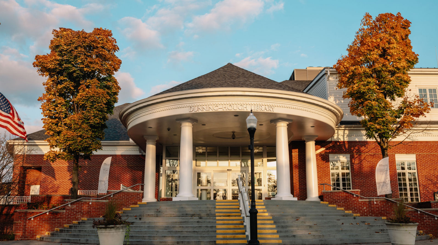 shot of the entire library building in the early fall