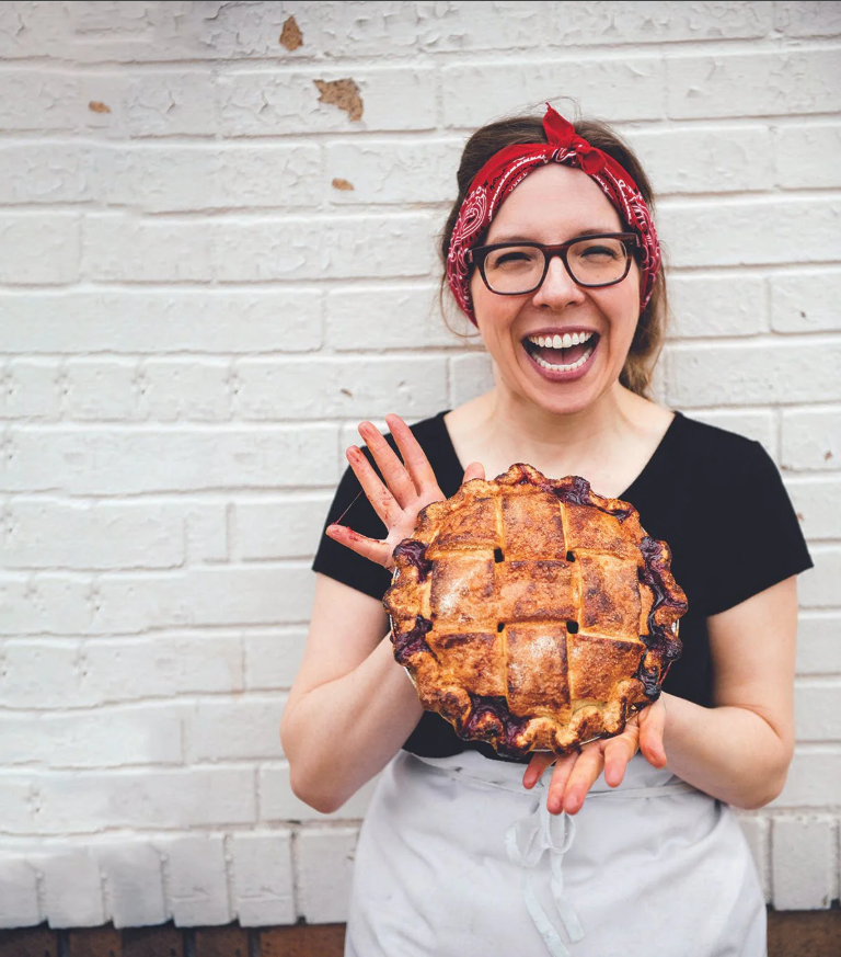 Image of author Lisa Ludwinski of Sister Pie. Image from https://cherrybombe.com/blogs/shes-my-cherry-pie/encore-making-pie-crust-with-lisa-ludwinski-of-sister-pie
