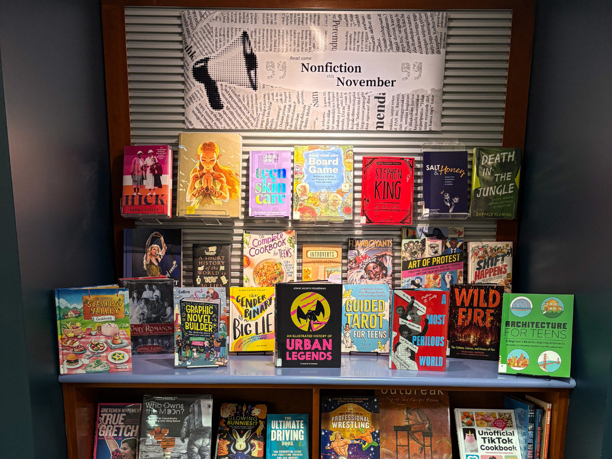 Display of books under the banner "Read some Nonfiction this November". Titles include various nonfiction books for teens spread across a larger shelf.