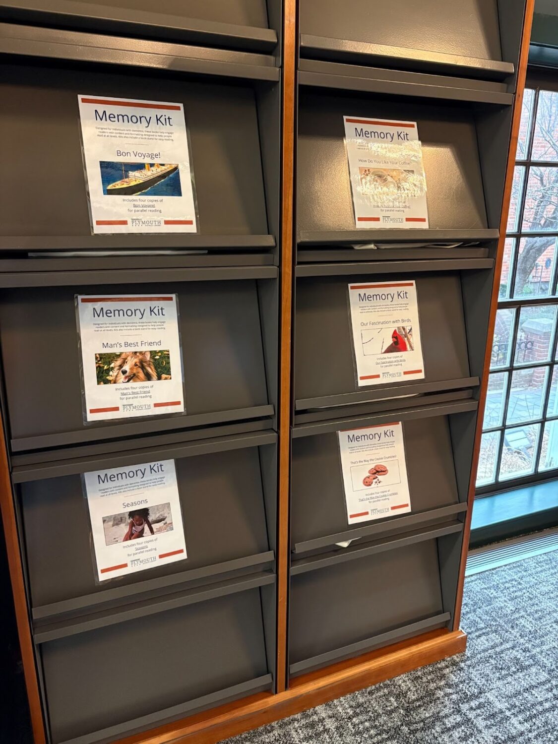 Grey shelves containing memory kits for seniors located near a window on the Main Level at the Plymouth District Library.
