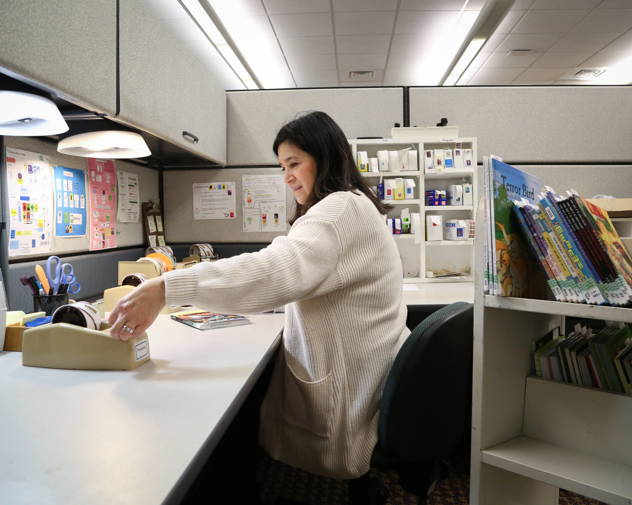 a woman seated at a desk processing books for the collection