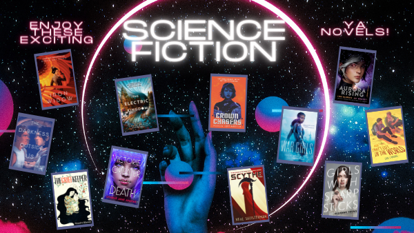 Header image featuring a starry background and a hand reaching up towards retro-futuristic shapes; text reads "enjoy this exciting science fiction YA novels!"