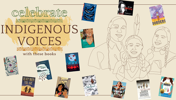 Header image featuring a line drawing of a Native woman, child, and man and book covers of the books on the list; reads "Celebrate indigenous voices with these books"